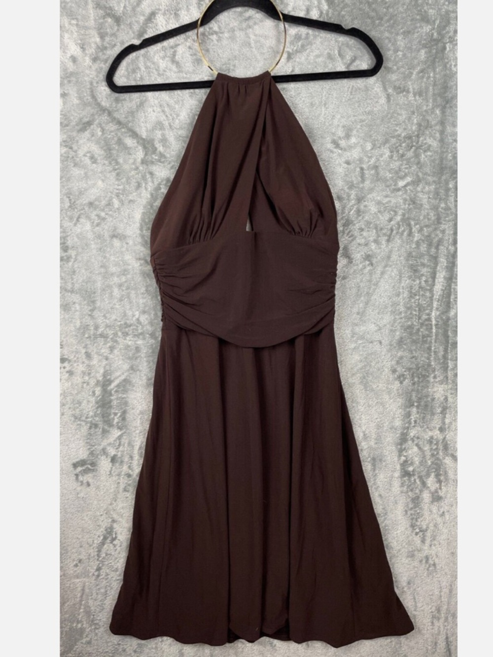 Laundry By Shelli Segal Gold Halter Necklace Mini Dress, Dark Brown, Sz 6